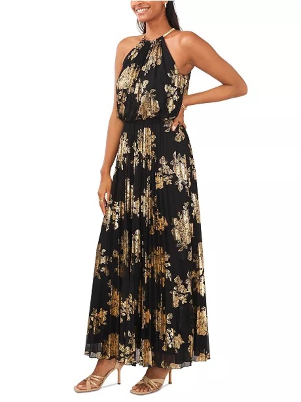 Xscape Black Halter Maxi Dress with Gold Foil Floral - Picture 3 of 5